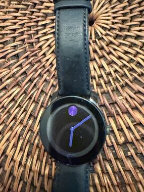 Movado Black Watch with Purple Hands and Dot